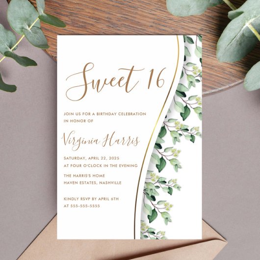 Invitation Sweet sixteen de feuillage Feuille vert 16 Anniver