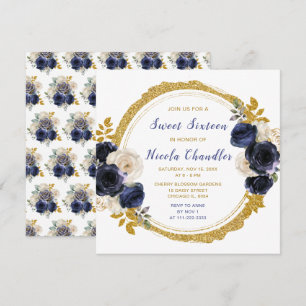 Invitation Sweet sixteen de fleurs élégantes bleu marine et o
