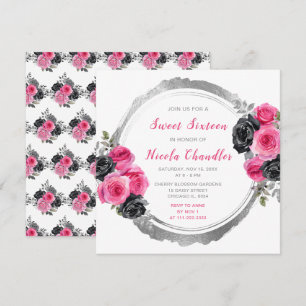 Invitation Sweet sixteen de Fleurs Élégantes Rose et Argent C