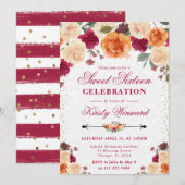 Invitation Sweet sixteen de fleurs rouges et orange (Devant / Derrière)