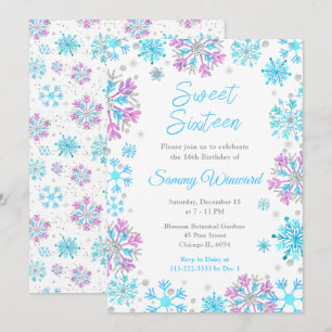 Invitation Sweet sixteen de flocons de neige violet et bleu