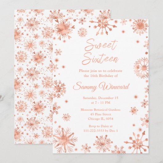 Invitation Sweet sixteen de flocons d'or rose (Devant / Derrière)
