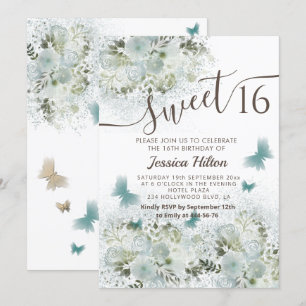 Invitation Sweet sixteen de jardin fleuri aux papillons