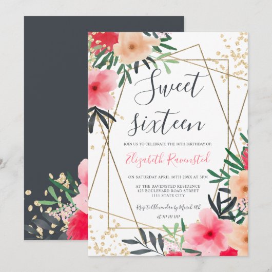 Invitation sweet sixteen de la frontière dorée rouge rose (Devant / Derrière)