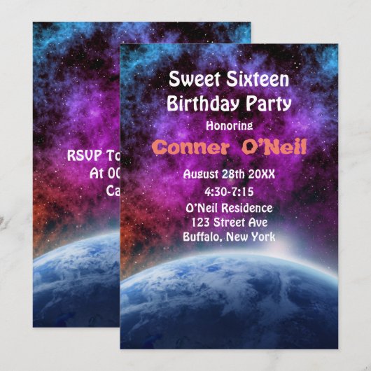 Invitation Sweet sixteen de l'espace fête d'anniversaire (Devant / Derrière)