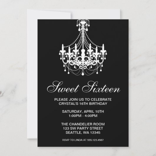 Invitation Sweet sixteen de lustre noir et blanc (Devant)