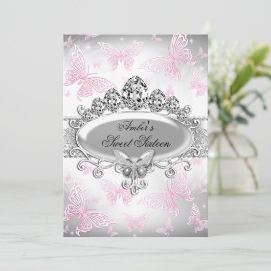 Invitation Sweet sixteen de papillon argent et ros (Debout devant)