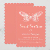 Invitation Sweet sixteen de papillon corail (Devant / Derrière)