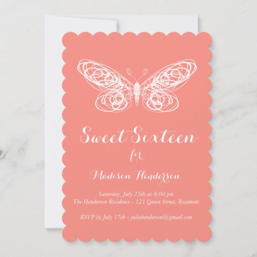 Invitation Sweet sixteen de papillon corail (Devant)