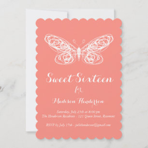Invitation Sweet sixteen de papillon corail
