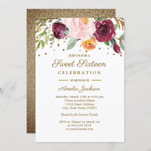 Invitation Sweet sixteen de Parties scintillant Floral Bourgo