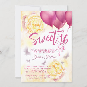 Invitation Sweet sixteen de pivoine florale papillon