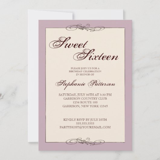 Invitation Sweet sixteen d'élégance de script dans Cream & Li (Devant)
