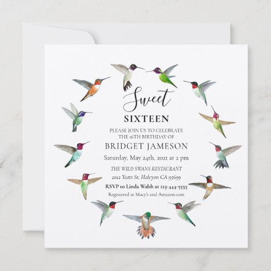 Invitation Sweet sixteen des colibris (Devant)