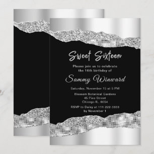 Invitation Sweet sixteen des larmes d'argent et de verre noir