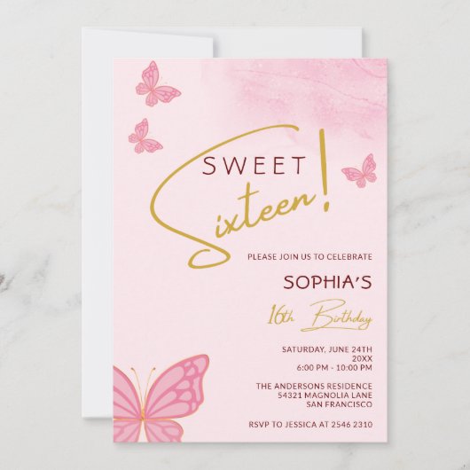 Invitation Sweet sixteen des papillons (Devant)