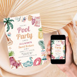 Invitation Sweet sixteen d'été de la piscine d'aquarelle mode<br><div class="desc">Jetez une fête de piscine pour le doux seizième anniversaire de votre fille avec cette invitation cool et chic avec des éléments d'été aquarelle.</div>