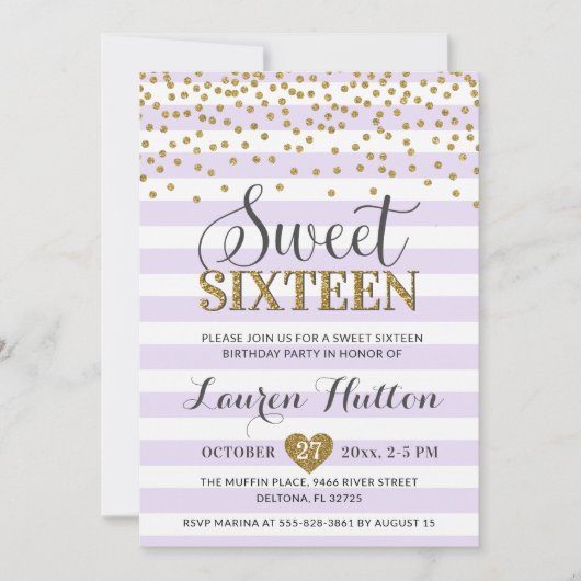 Invitation Sweet sixteen d'or Lavender Lilac (Devant)