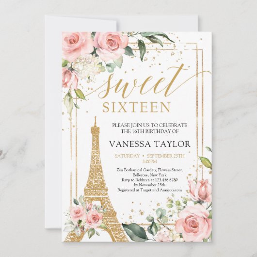 Invitation Sweet sixteen d'or rose boho de Paris (Devant)