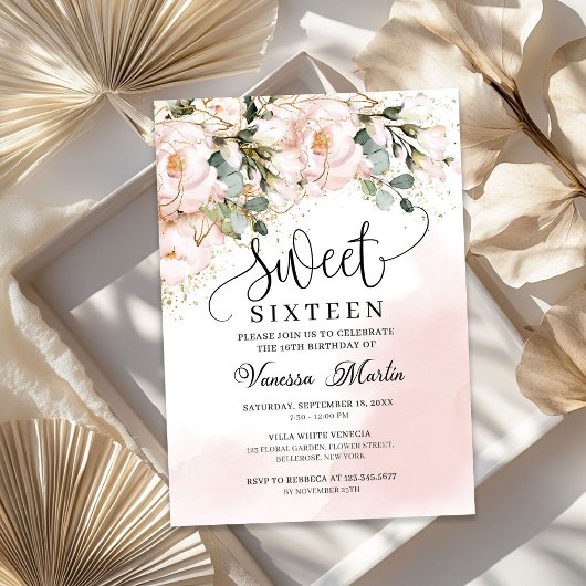 Invitation Sweet sixteen d'or rose rose rousse rustique