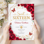 Invitation Sweet sixteen Elegant Chic Red Roses Or<br><div class="desc">Invitation à la fête du Sweet sixteen rouge,  or et blanc. Caractéristiques police script,  papillons dorés,  roses rouges et tiara. Parfait pour une élégante fête de princesse glam Sweet 16 anniversaire. Personnalisez avec vos propres détails. Invitations Zazzle imprimées ou téléchargement instantané modèle imprimable numérique.</div>