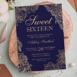 Invitation Sweet sixteen élégant floral or bleu marine<br><div class="desc">Illustration florale or moderne,  assez chic et élégante,  invitation au Sweet sixteen bleu marine avec fleurs d'or.</div>