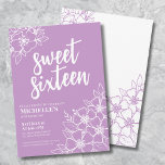 Invitation Sweet sixteen Elégant violet 16e anniversaire<br><div class="desc">16e Invitation à la fête d'anniversaire du Sweet sixteen Floral Violet. Une invitation amusante mais élégante à la fête de 16e anniversaire avec des contours de fleurs violets et blancs. Un motif de fleurs ludique encadre une typographie de script "sweet sixteen" mélangée à une police serif plus classique. Célébrez 16...</div>