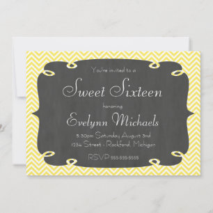 Invitation Sweet sixteen en damier jaune Chevron