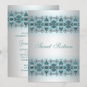 Invitation Sweet sixteen en dentelle d'argent bleu (Devant / Derrière)