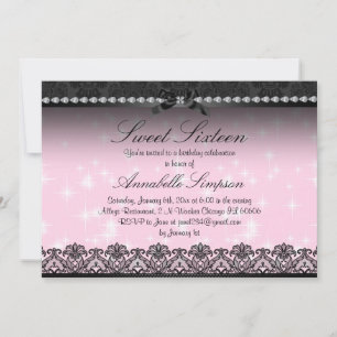 Invitation Sweet sixteen en dentelle rose et noire