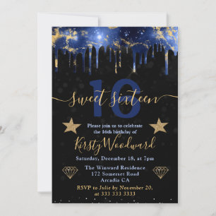 Invitation Sweet sixteen en marbre bleu et goid Galaxy