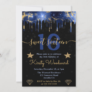 Invitation Sweet sixteen en marbre bleu et or Galaxy