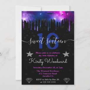 Invitation Sweet sixteen en marbre bleu et violet de galaxie