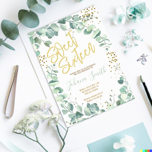 Invitation Sweet sixteen Eucalyptus Gold Anniversaire Invitat