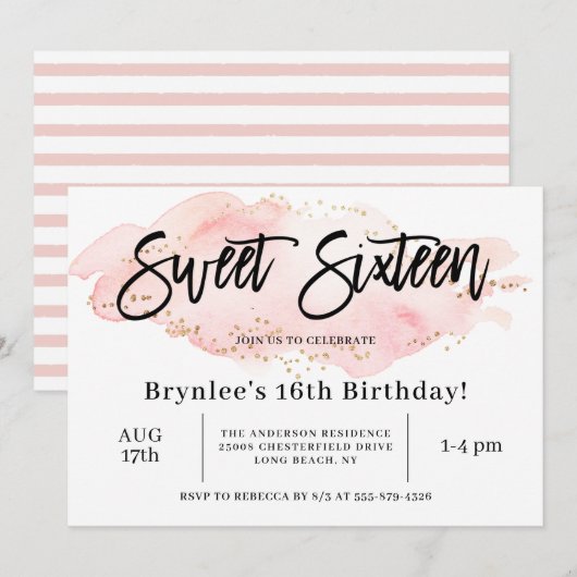 Invitation Sweet sixteen fête du 16e anniversaire (Devant / Derrière)