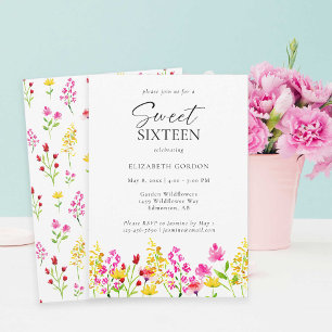 Invitation Sweet sixteen Fleur sauvage Aquarelle Script Flora