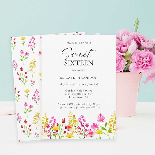 Invitation Sweet sixteen Fleur sauvage Aquarelle Script Flora