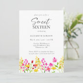 Invitation Sweet sixteen Fleur sauvage Aquarelle Script Flora (Debout devant)