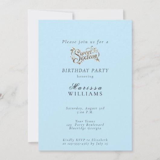 Invitation Sweet sixteen Fleurs Fleurs Fille Bleu Cheveux Ros (Dos)