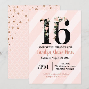 Invitation Sweet sixteen Floral 16 Rose & Blush Anniversaire