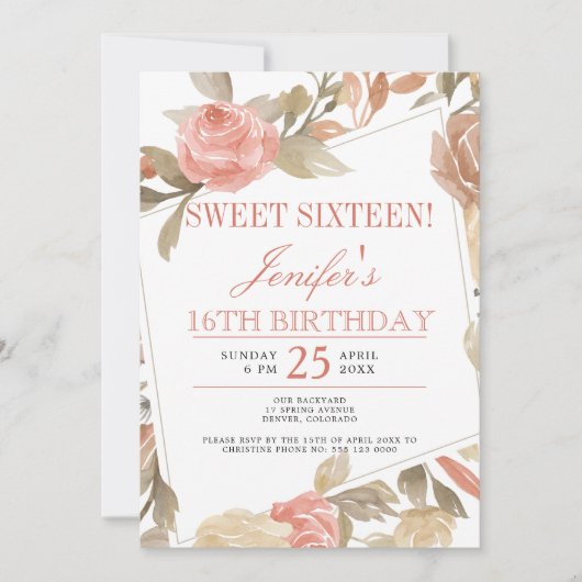 Invitation Sweet sixteen floral à pâte Rose poussiéreuse (Devant)