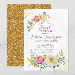 Invitation Sweet sixteen floral de parties scintillantes de