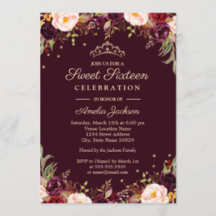 Invitation Sweet sixteen floral élégant de la Bourgogne dorée