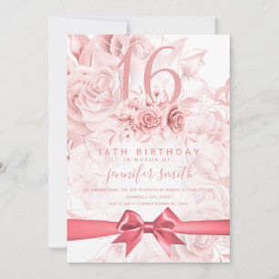 Invitation Sweet sixteen Floral Girl Rose or et rose pâle