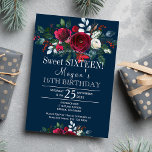 Invitation Sweet sixteen floral hivernal de la marine bordeau<br><div class="desc">Floral chic sweet sixteen d'hiver élégant / 16ème anniversaire modèle sur le bleu marine de minuit foncé avec des roses de pivoines bordeaux rouge et des branches de sapin saisonnier vert pin et feuillage. Remplissez vos informations dans les zones, Vous pouvez choisir de le customiser en changeant davantage la couleur...</div>