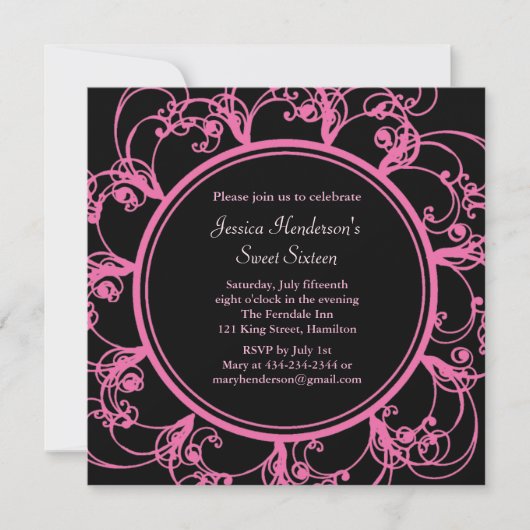 Invitation Sweet sixteen floral (noir) (Devant)