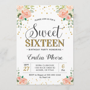 Invitation Sweet sixteen Floral Peony Peach  16 Fille Anniver