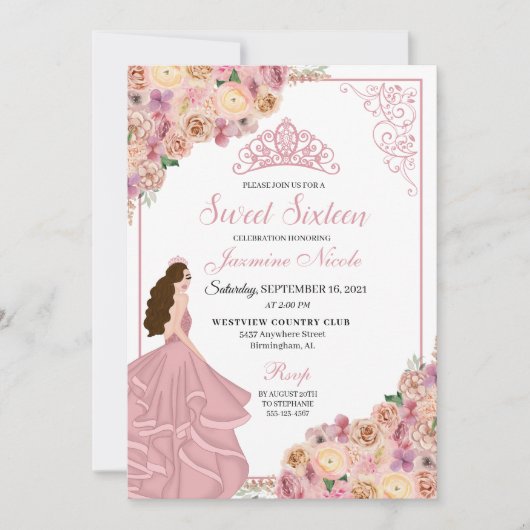 Invitation Sweet sixteen floral rose pâle Anniversaire Inv (Devant)