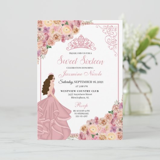 Invitation Sweet sixteen floral rose pâle Anniversaire Inv (Debout devant)