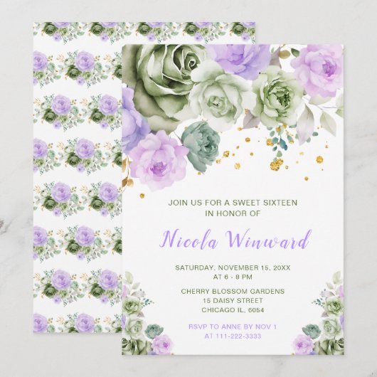Invitation Sweet sixteen floral vert Sage et violet (Devant / Derrière)